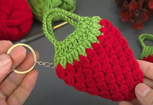 Finished Strawberry Crochet Keyring