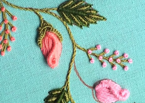 French knot embroidery for small pink flower buds