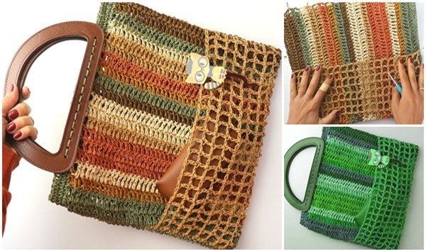 Crochet Paper Yarn Tote Bag – Easy Colorful DIY Tutorial Crochet paper yarn tote bag completed, alternative green version, and work in progress step